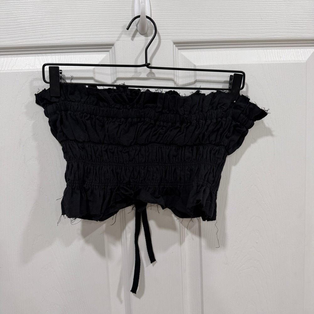 Free‎ People Black Smocked Ruffled Tube Top Crop Tie Front Size XS - Picture 2 of 6
